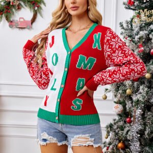 Christmas Sweater Red Casual Letter Jacquard V-neck Knitted Cardigan