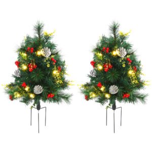 Christmas Tree 2-Pack Outdoor Pre-Lit Artificial Pine Cordless with 24 Warm Lights and Stakes