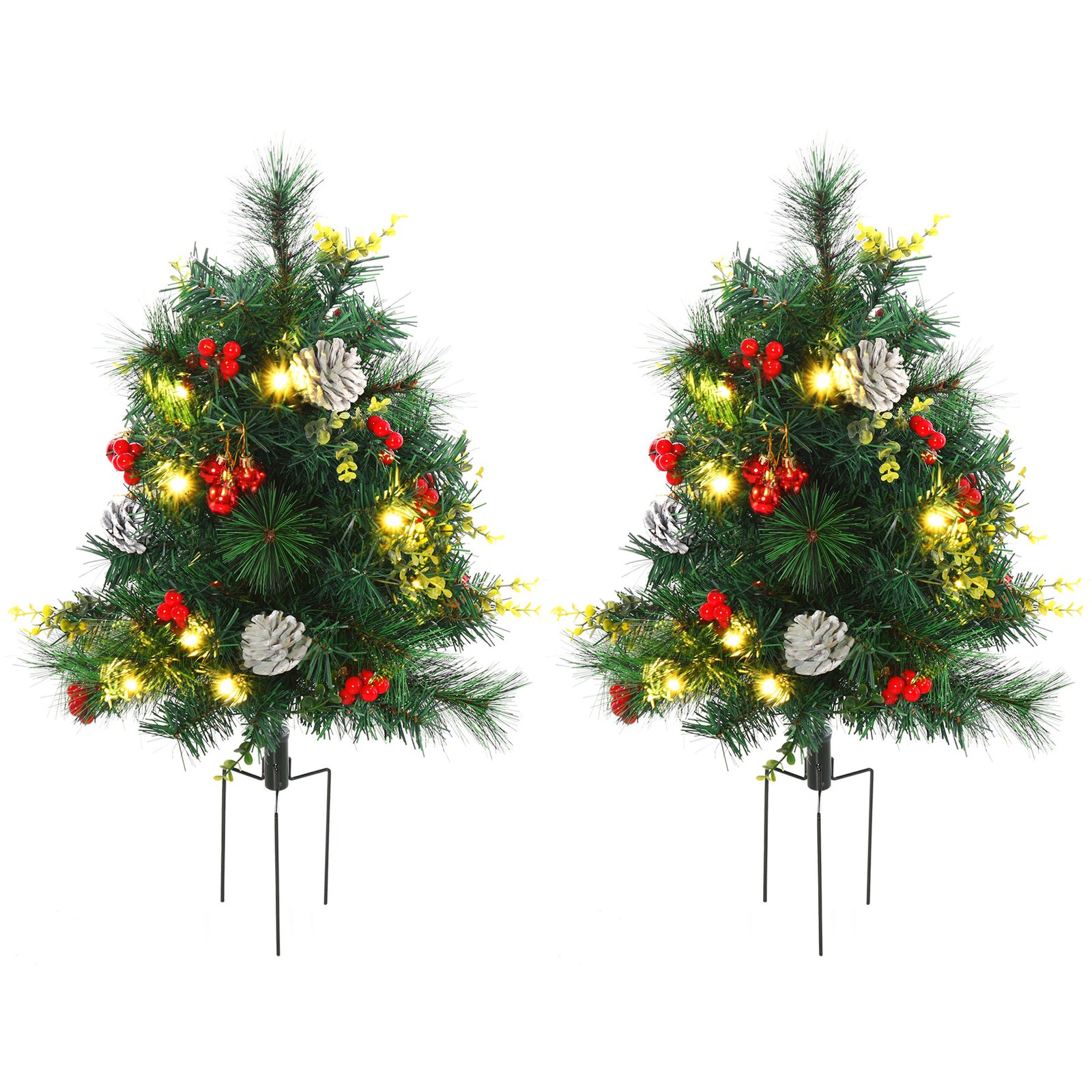 Christmas Tree 2-Pack Outdoor Pre-Lit Artificial Pine Cordless with 24 Warm Lights and Stakes