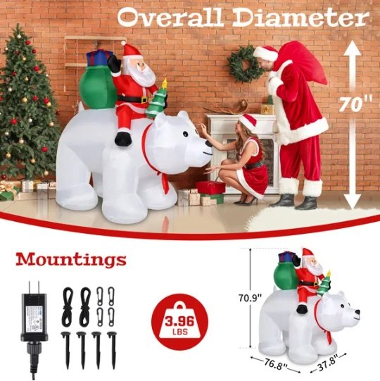 6ft 15W 7pcs LED Lights Santa Claus Rides Polar Bear Garden Santa Claus Decoration - Image 4