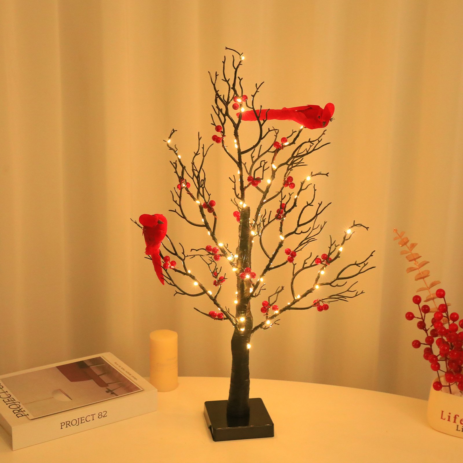 Lighted Mini Birch Tree Light LED Cardinals Christmas - Image 2