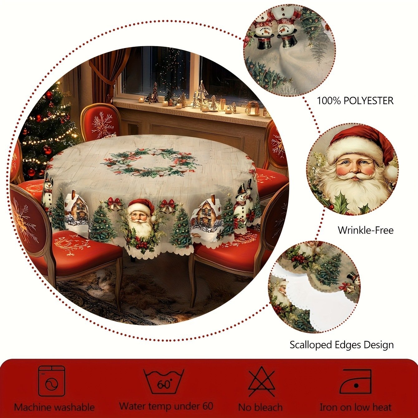 Christmas Round Tablecloth Christmas Theme With Santa Claus Table Flag - Image 5