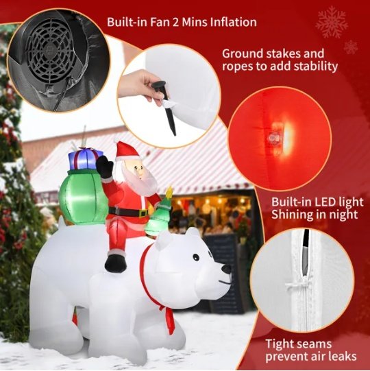 6ft 15W 7pcs LED Lights Santa Claus Rides Polar Bear Garden Santa Claus Decoration - Image 3