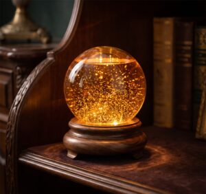 Glowing golden LED snow globe lamp on a wooden stand