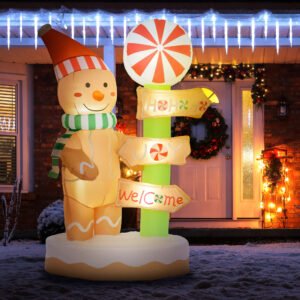 6' Christmas Inflatable Gingerbread Man and Signpost w/ LED Lights