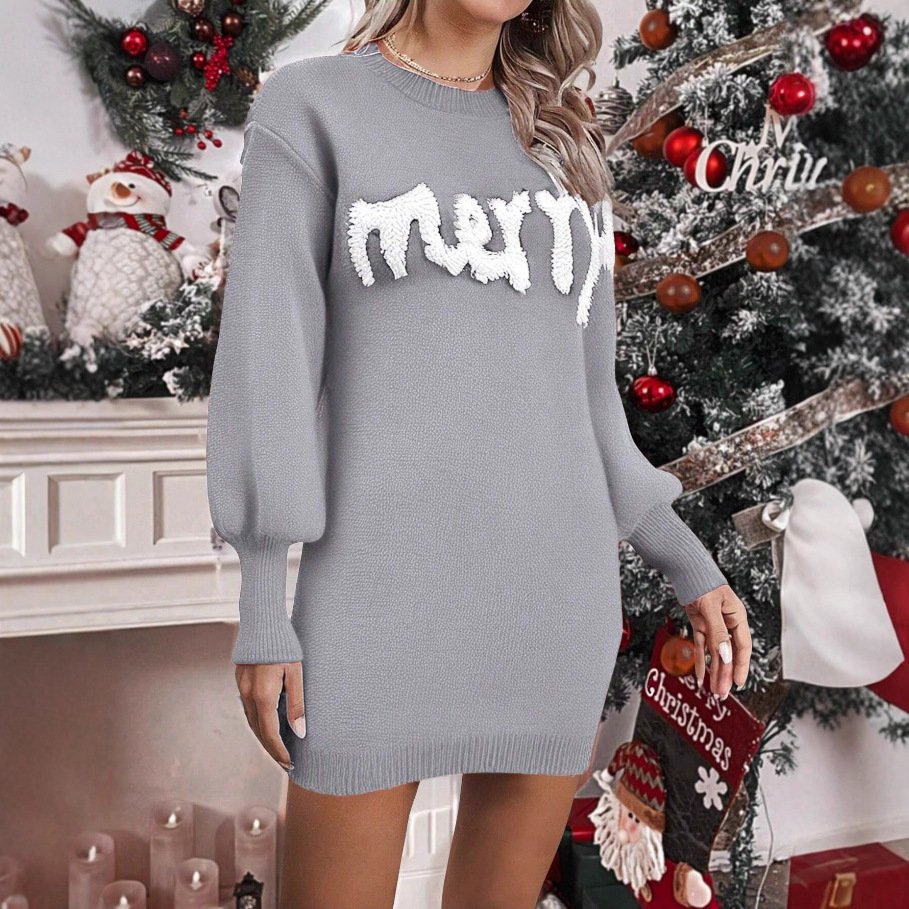 Women's Knitted Round Neck Lantern Sleeve Pullover Sheath Dress - Image 5