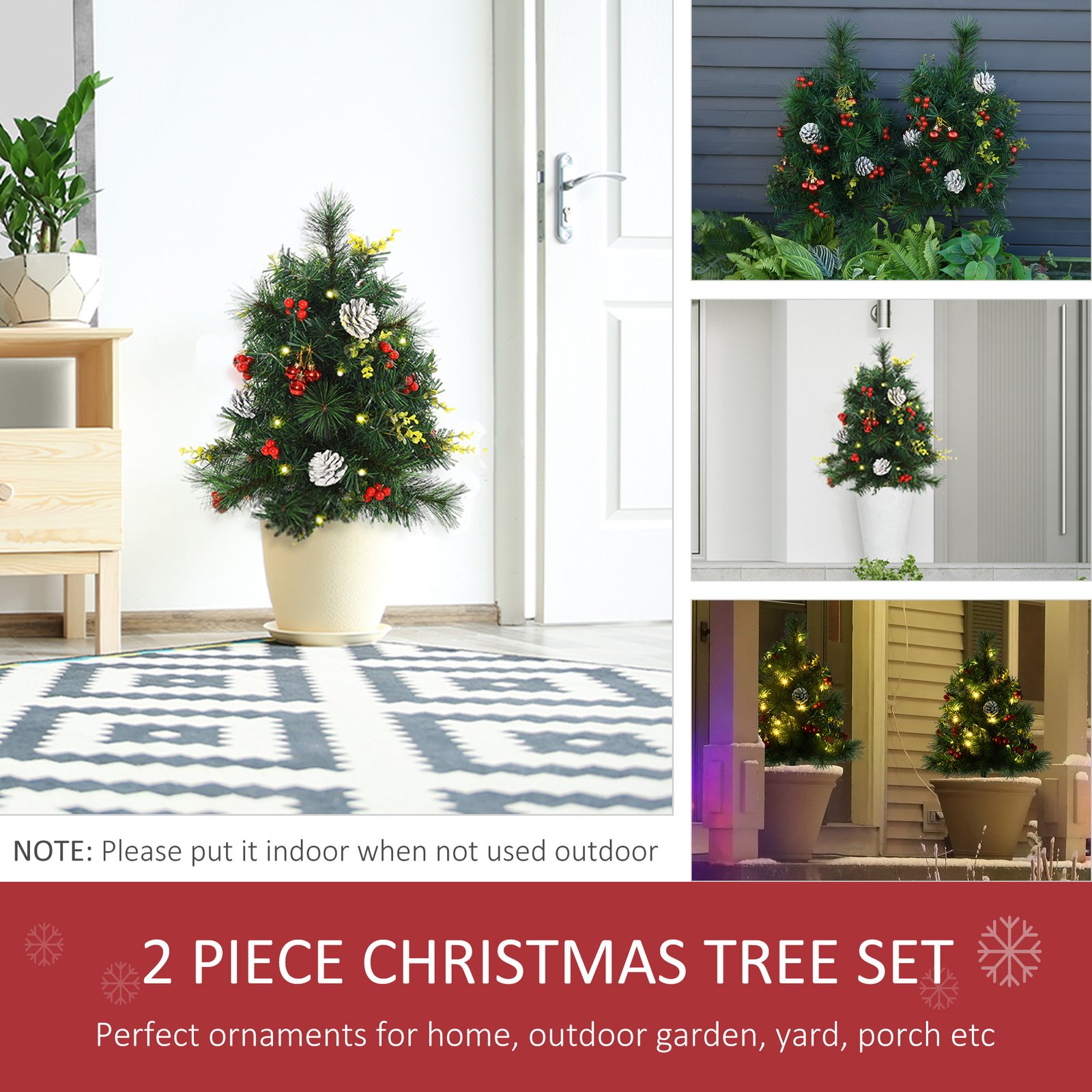 Christmas Tree 2-Pack Outdoor Pre-Lit Artificial Pine Cordless with 24 Warm Lights and Stakes - Image 2