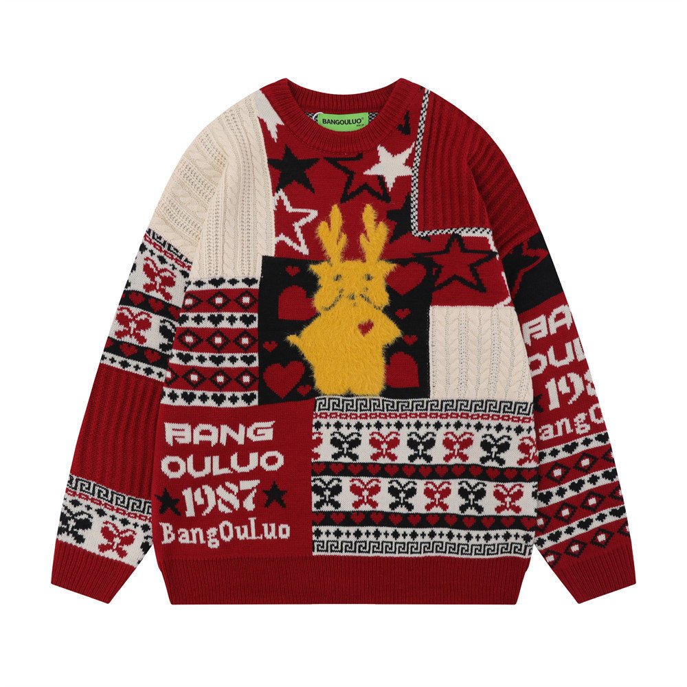 Christmas Cartoon Contrasting Color Jacquard Pullover Sweater - Image 10