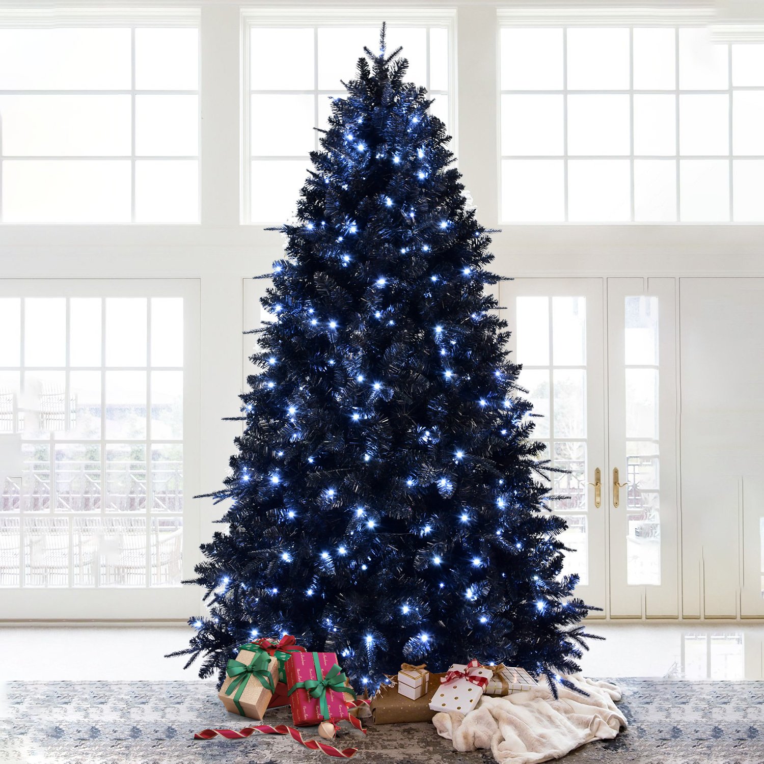 Prelit Black Christmas Tree With White Lights