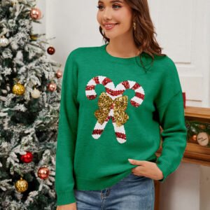 Christmas Crutches Bow Sequined Women's Sweater
