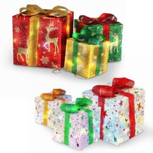 Star-Deer Pattern Options -- Set Of 3 Christmas Lighted Gift Boxes