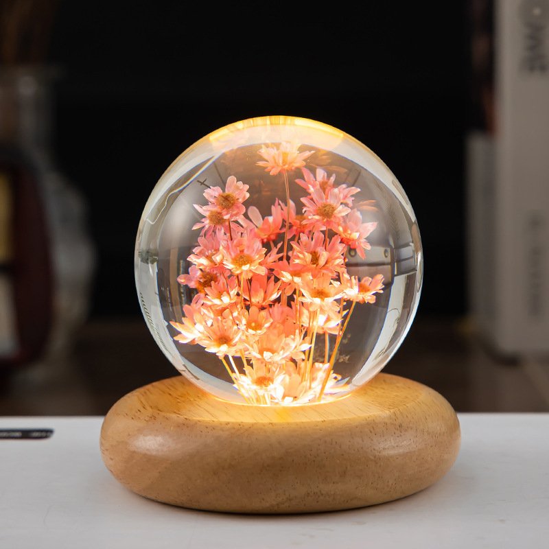 LED Night Light Flower Crystal Ball Children Night Lamp With Woodern Base